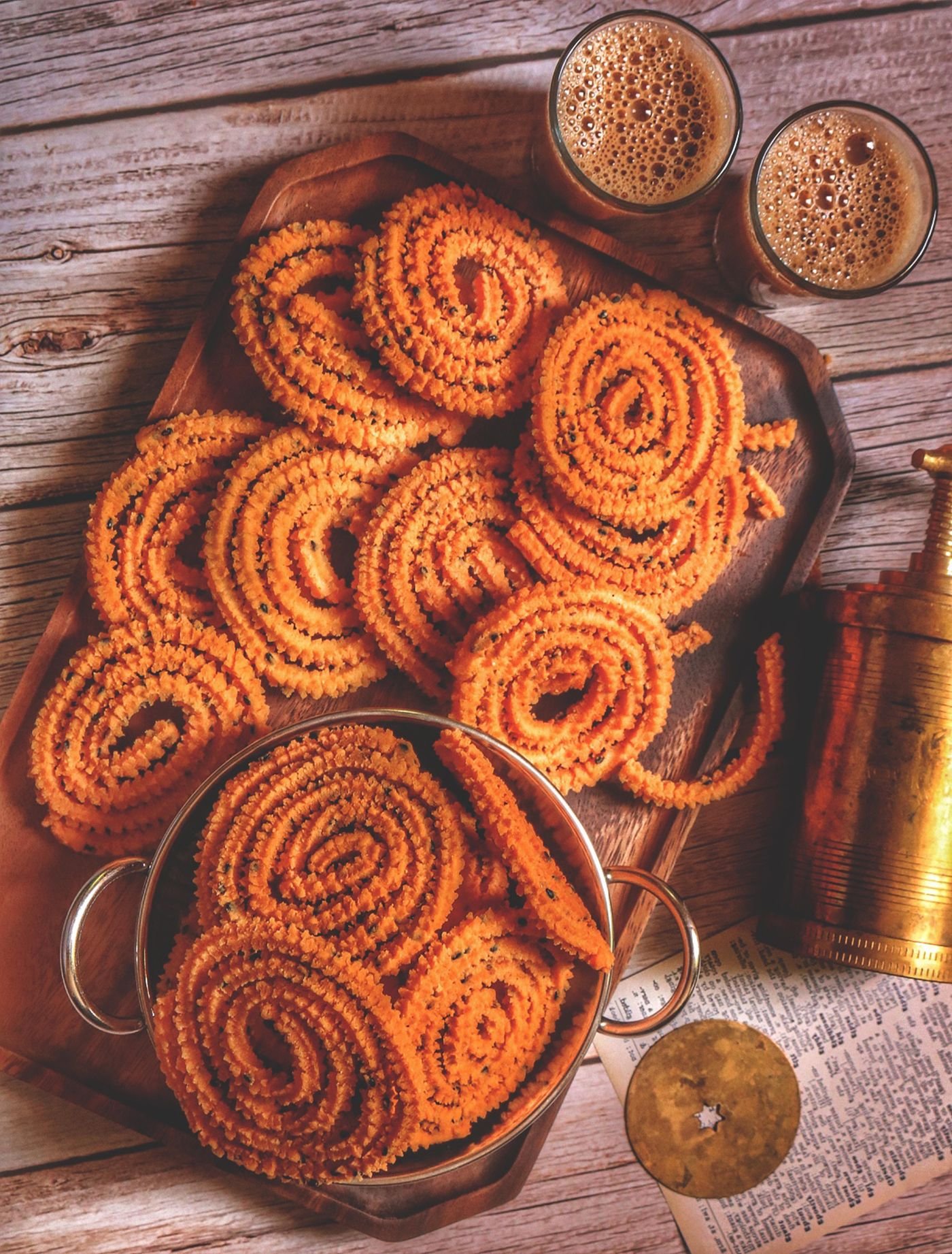 Close-up of golden murukku spirals